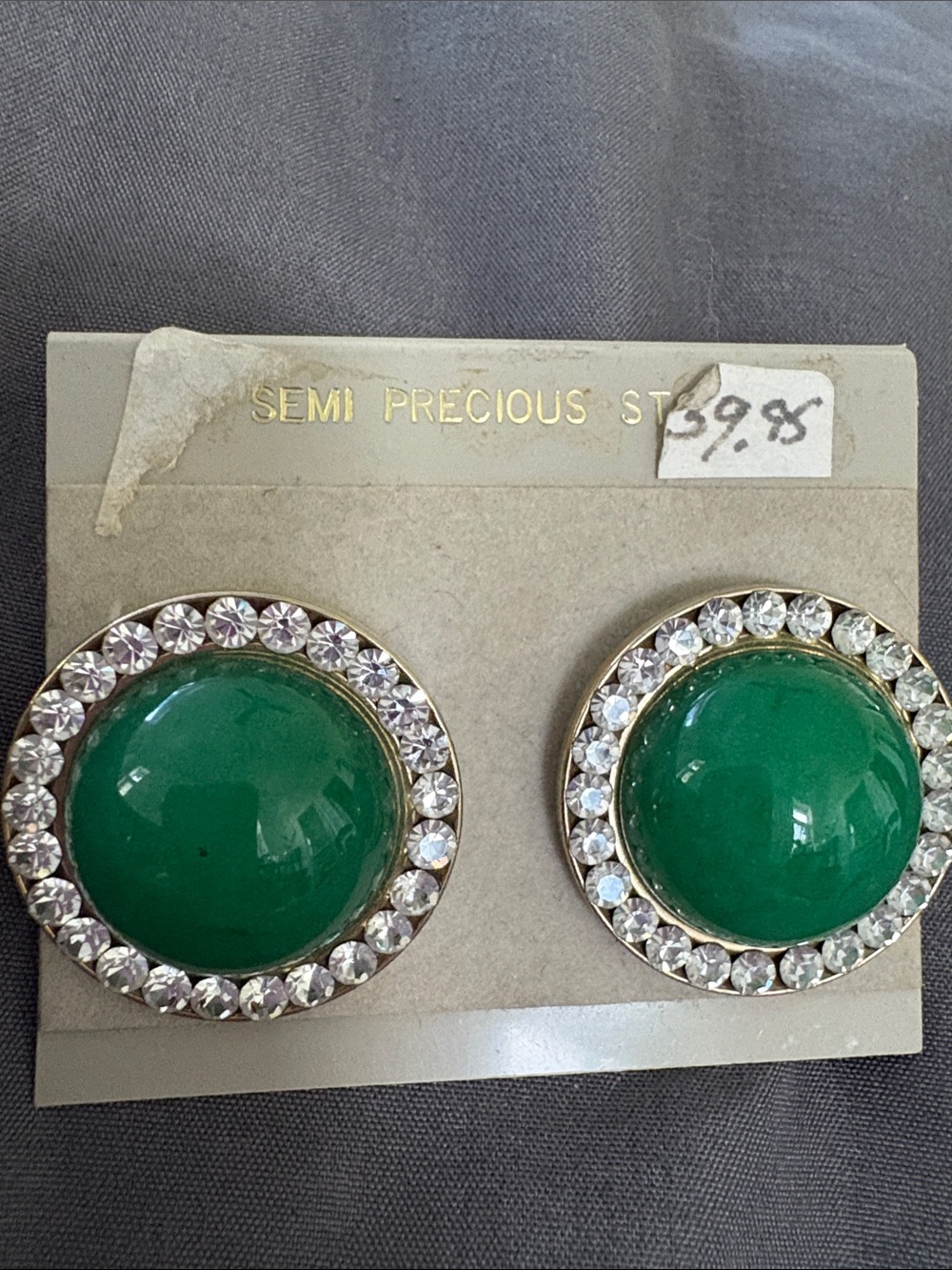 Classic Green Semi Precious Dome Crystal-Trim Pierced Earrings Vintage/New